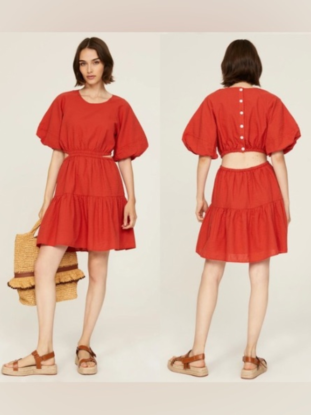 Madewell Seersucker‎ Puff Sleeve Cutout Mini Dress Rust XL NWT Cotton Blend